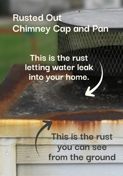 Rusted chimney cap and chase pan before replacement